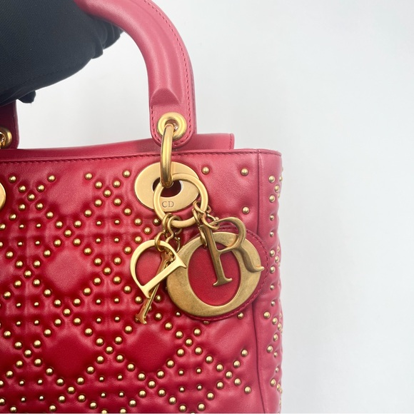 DIOR Lady Dior Medium Bag Red Lambskin with Gold Studs - Picture 11 of 15